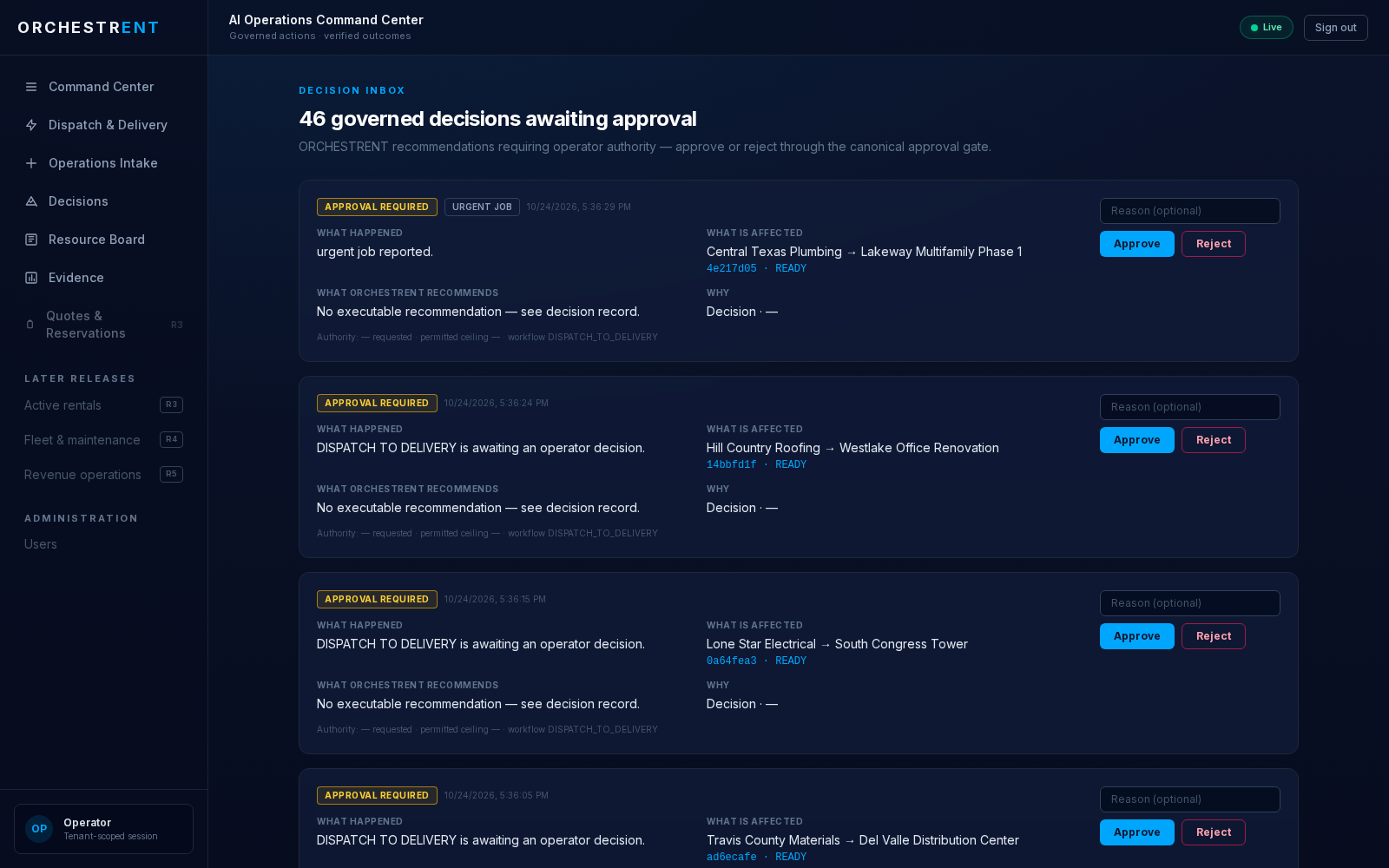 ORCHESTRENT Decision Inbox showing governed recommendations awaiting operator approval with Approve and Reject actions