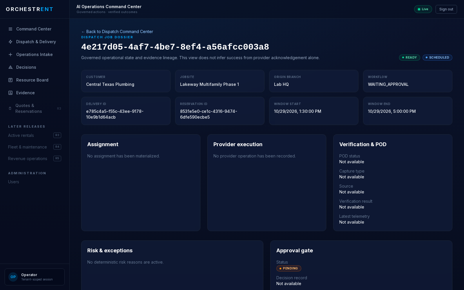 ORCHESTRENT dispatch job dossier showing assignment, provider execution, verification, and approval-gate state